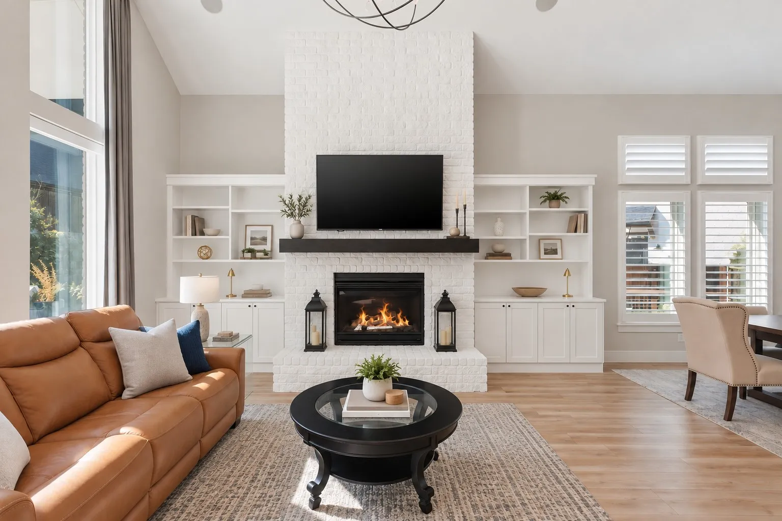 Vaulted ceiling living area featuring a white brick fireplace, built-in shelving, wood-finish flooring, and expansive windows