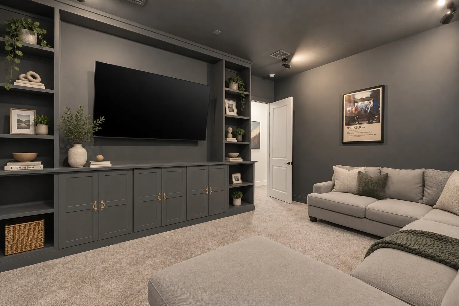Custom built-in media center with shelving and lower cabinetry