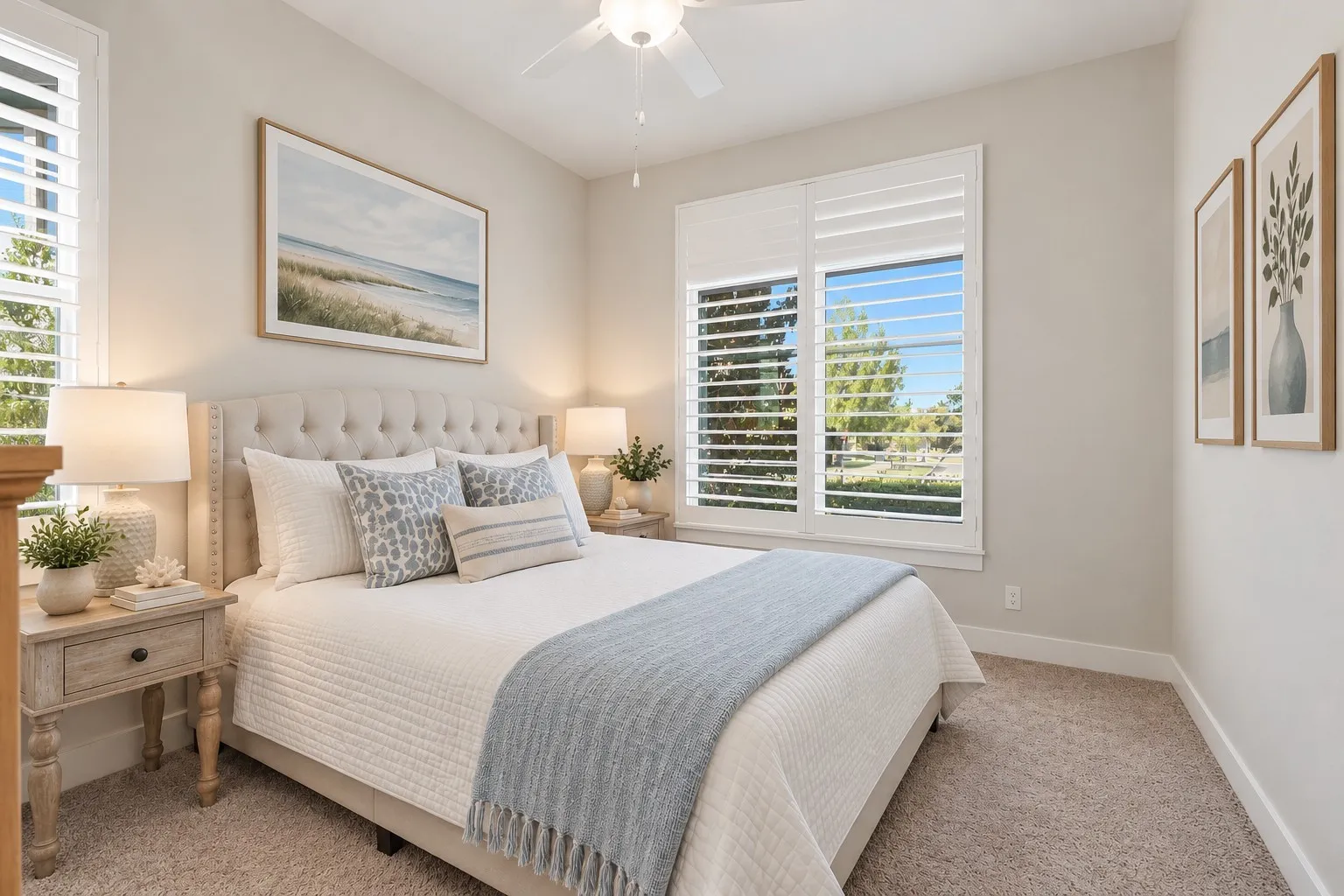 Tufted headboard, dual windows with plantation shutters, ceiling fan, neutral wall tones, and carpeted flooring