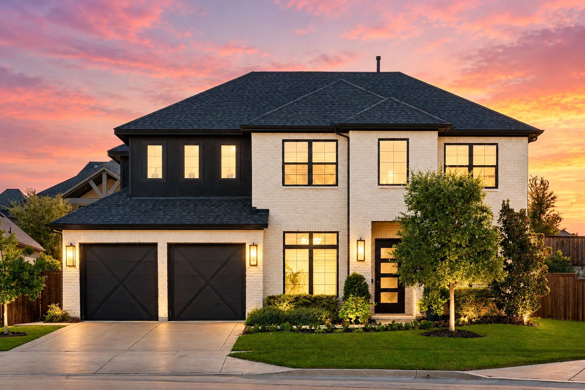 White brick exterior with dark trim, dual garage doors with X-detail, black framed windows, and exterior lighting fixtures