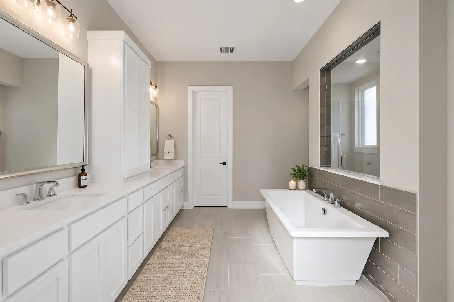 Gourmet kitchen with a large center island, white cabinetry, and stainless steel appliances