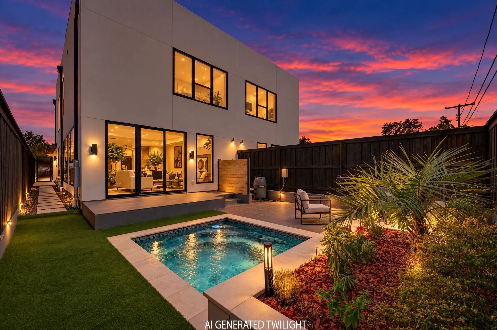 Modern exterior with multiple large windows, a private pool, a hardscaped patio, a landscaped garden bed, and a fenced perimeter