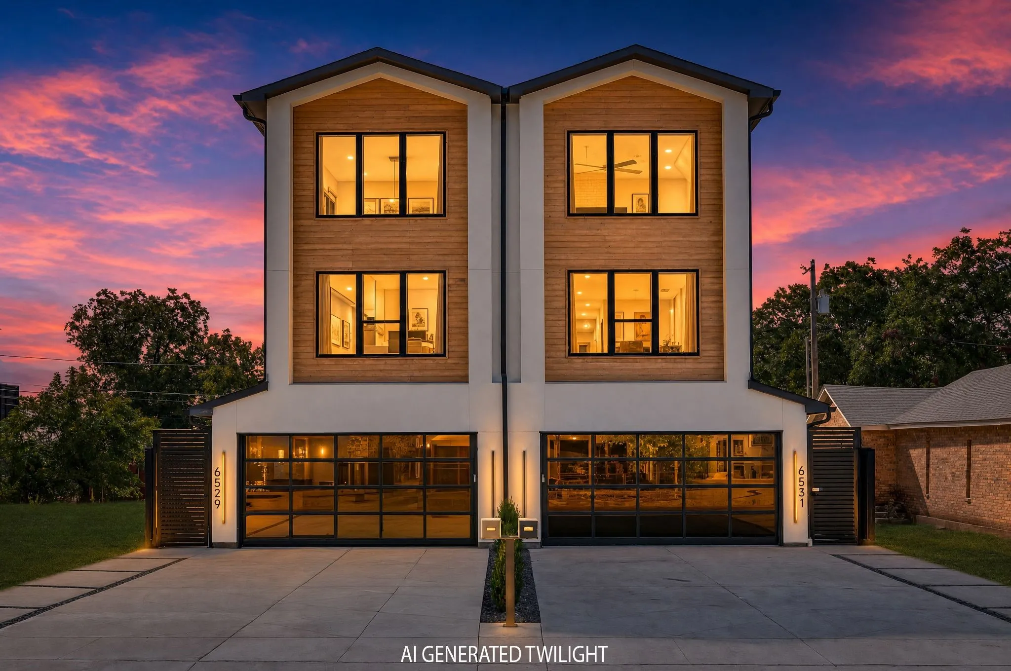 Modern exterior with wood-finish siding accents and panorama garage doors