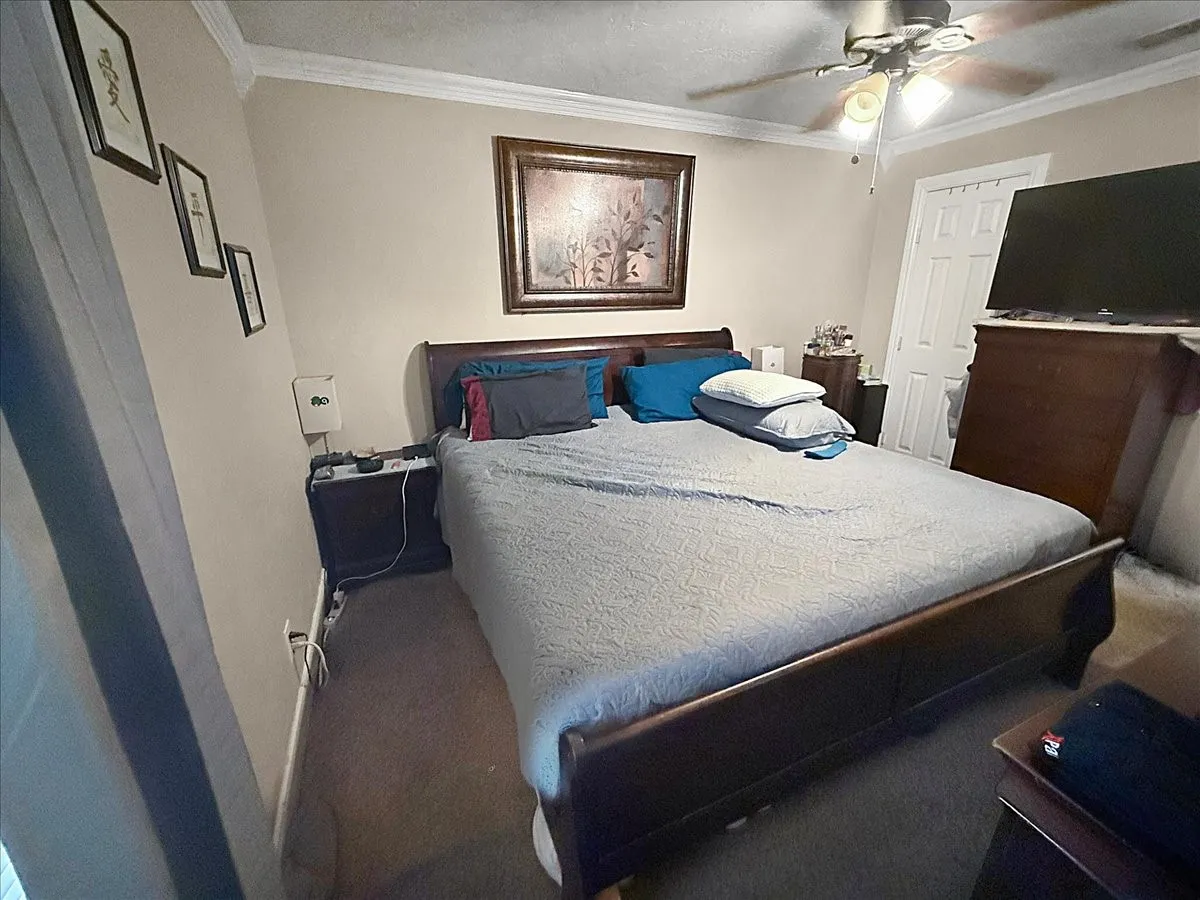 Primary bedroom suite featuring ceiling fan, neutral wall tones, and generous space for a king bed set.