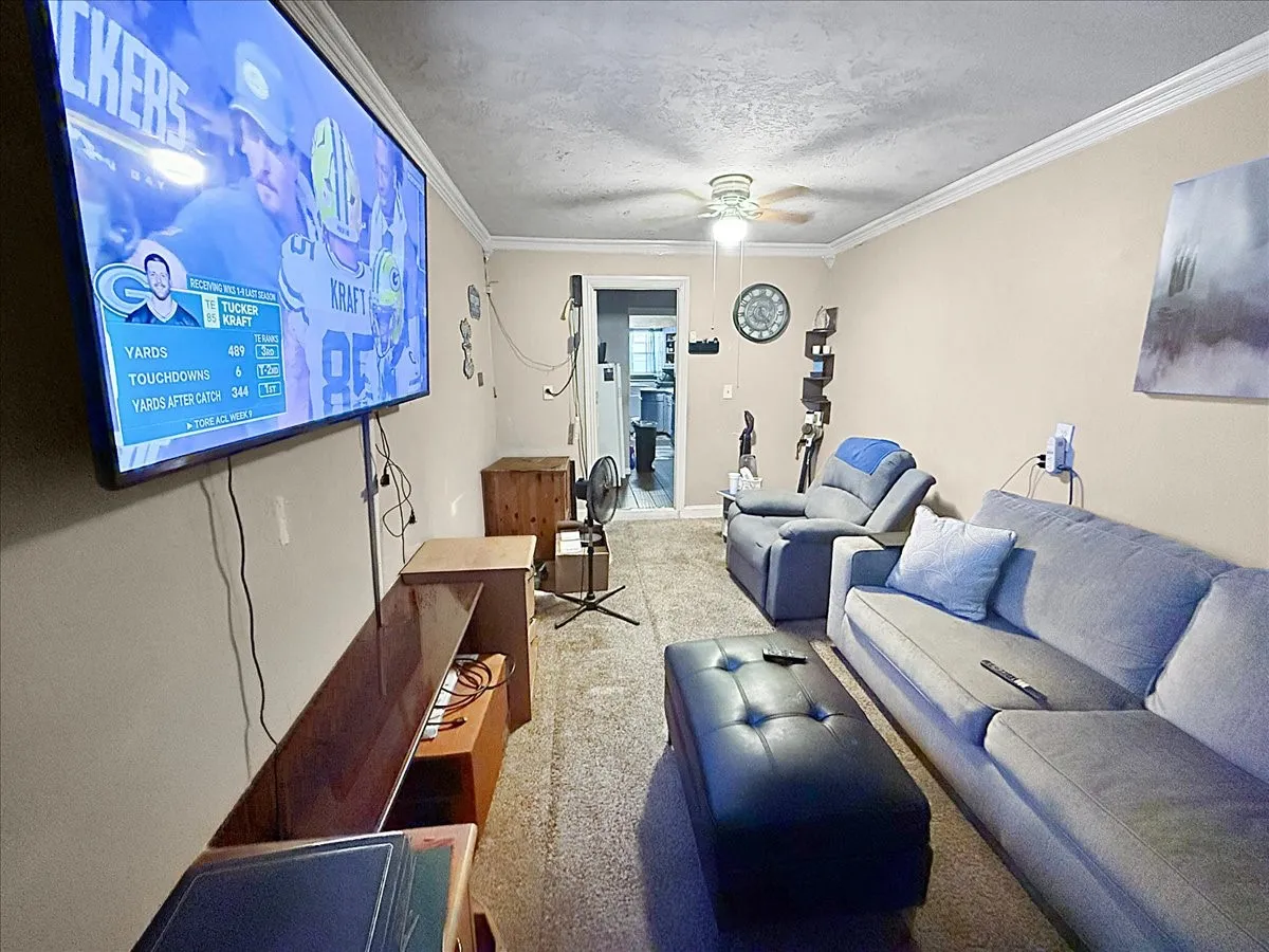 Living room alternate angle showcasing wall-mounted TV setup, recessed lighting, and bright open layout.