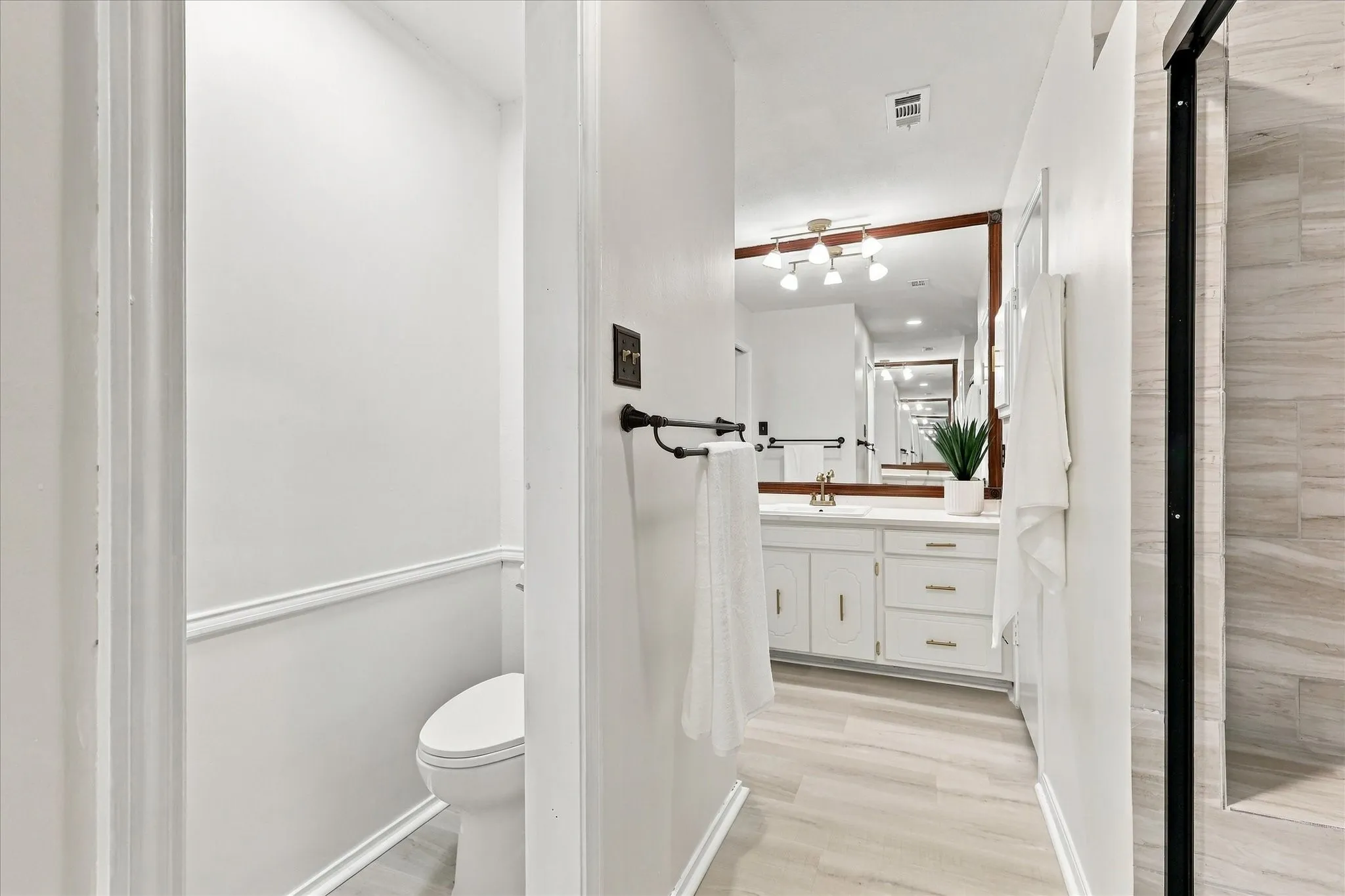 Wood-finish flooring throughout, vanity with integrated sink, framed mirror, and a wall-mounted light fixture