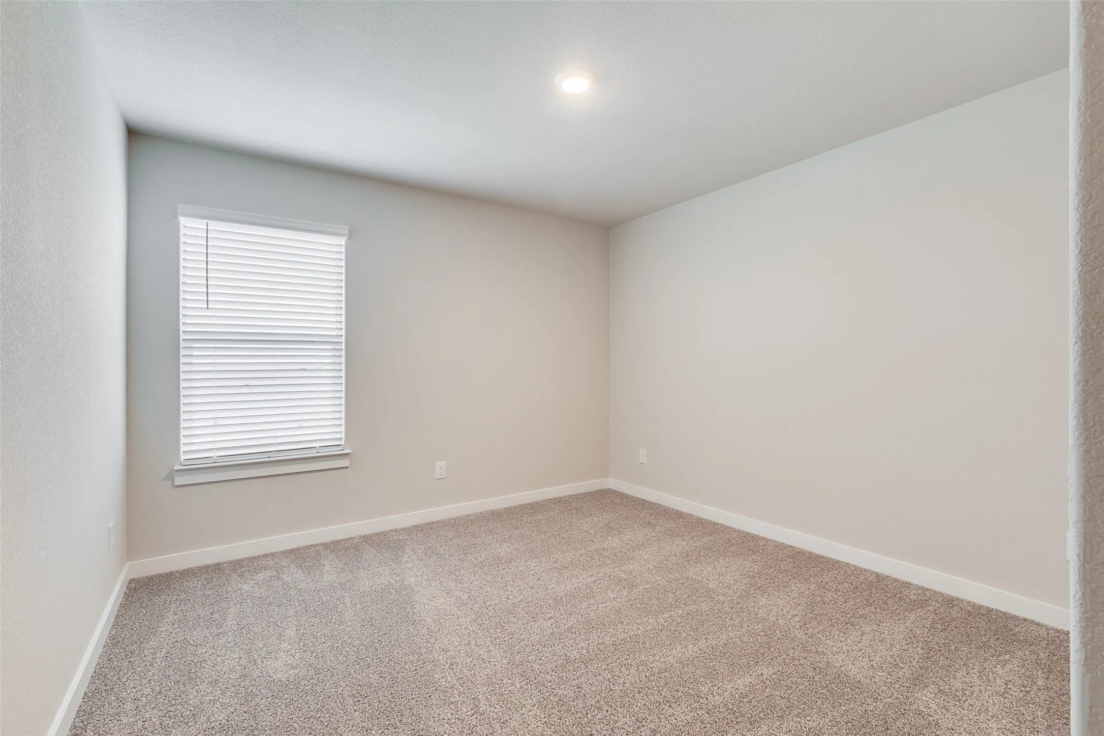 Neutral tone wall paint, recessed ceiling lighting, window with blinds, and carpet flooring