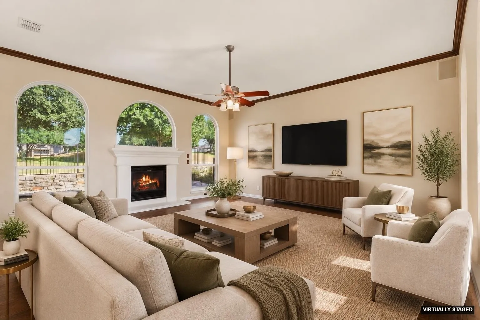 Family Room View #1 offers nice back yard/golf views and a warming fireplace (virtually staged)