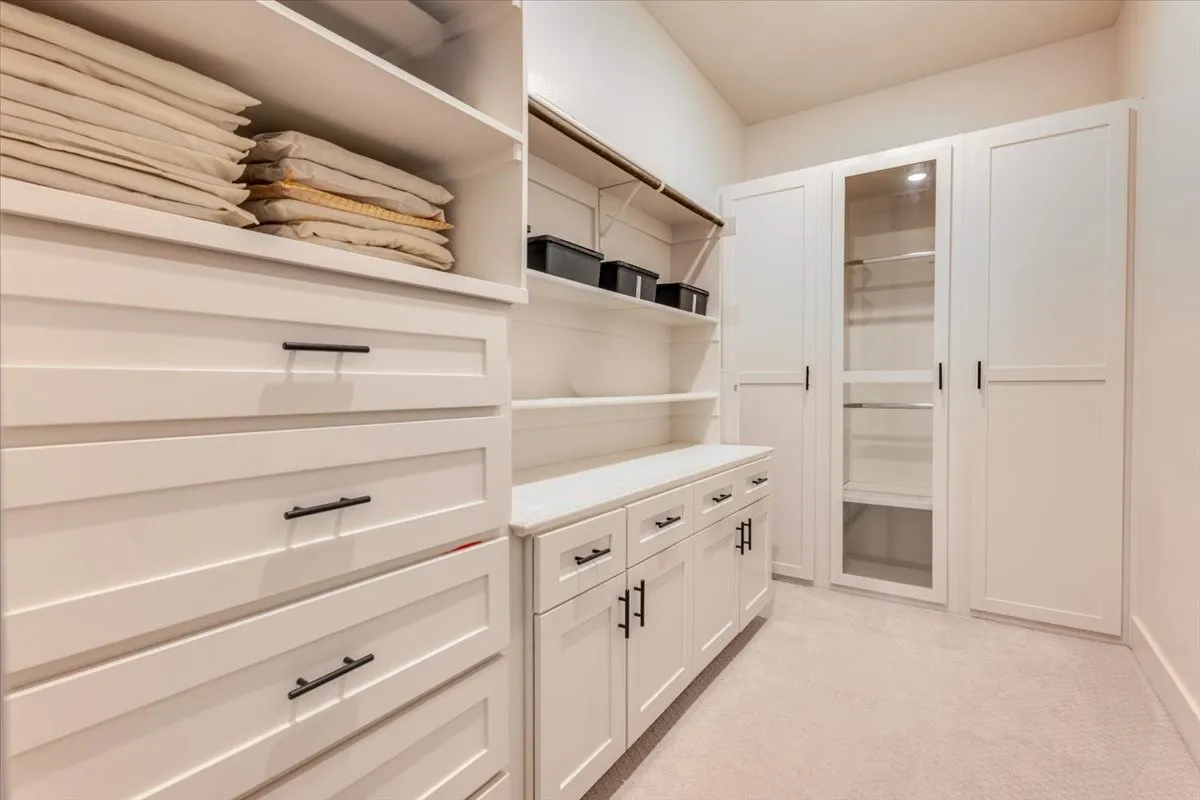 Custom closet system featuring white cabinetry, glass-front wardrobe, built-in shelving, drawers with matte black hardware, and light-colored carpeting