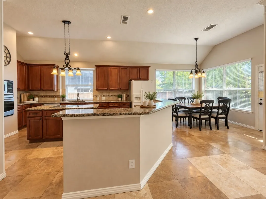 Vaulted ceiling kitchen featuring warm wood cabinetry, granite countertops, tile flooring, and recessed lighting