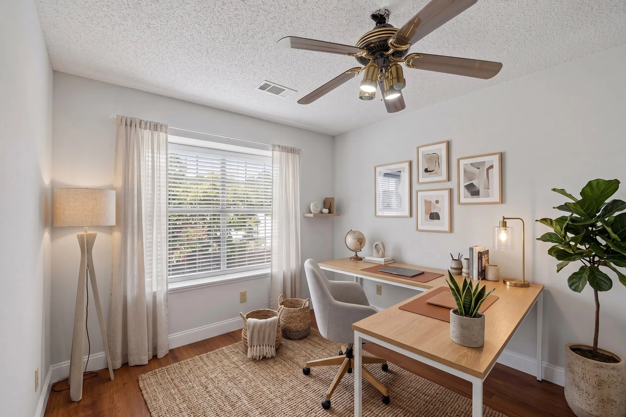 Bedroom virtually staged as an office.