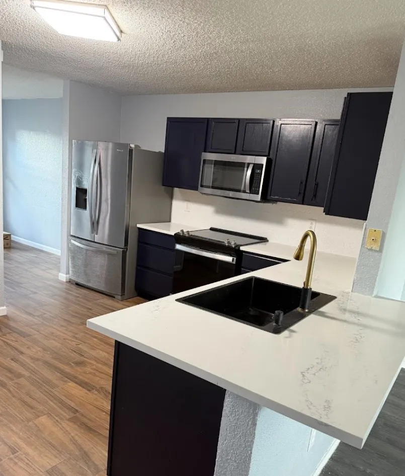Kitchen featuring light-toned countertops, dark cabinetry, a black sink with a gold-tone faucet, wood-finish flooring, and stainless steel appliances