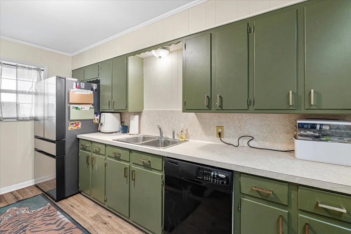 Kitchen featuring green cabinetry, light-colored countertops, a double basin sink, and wood-finish flooring