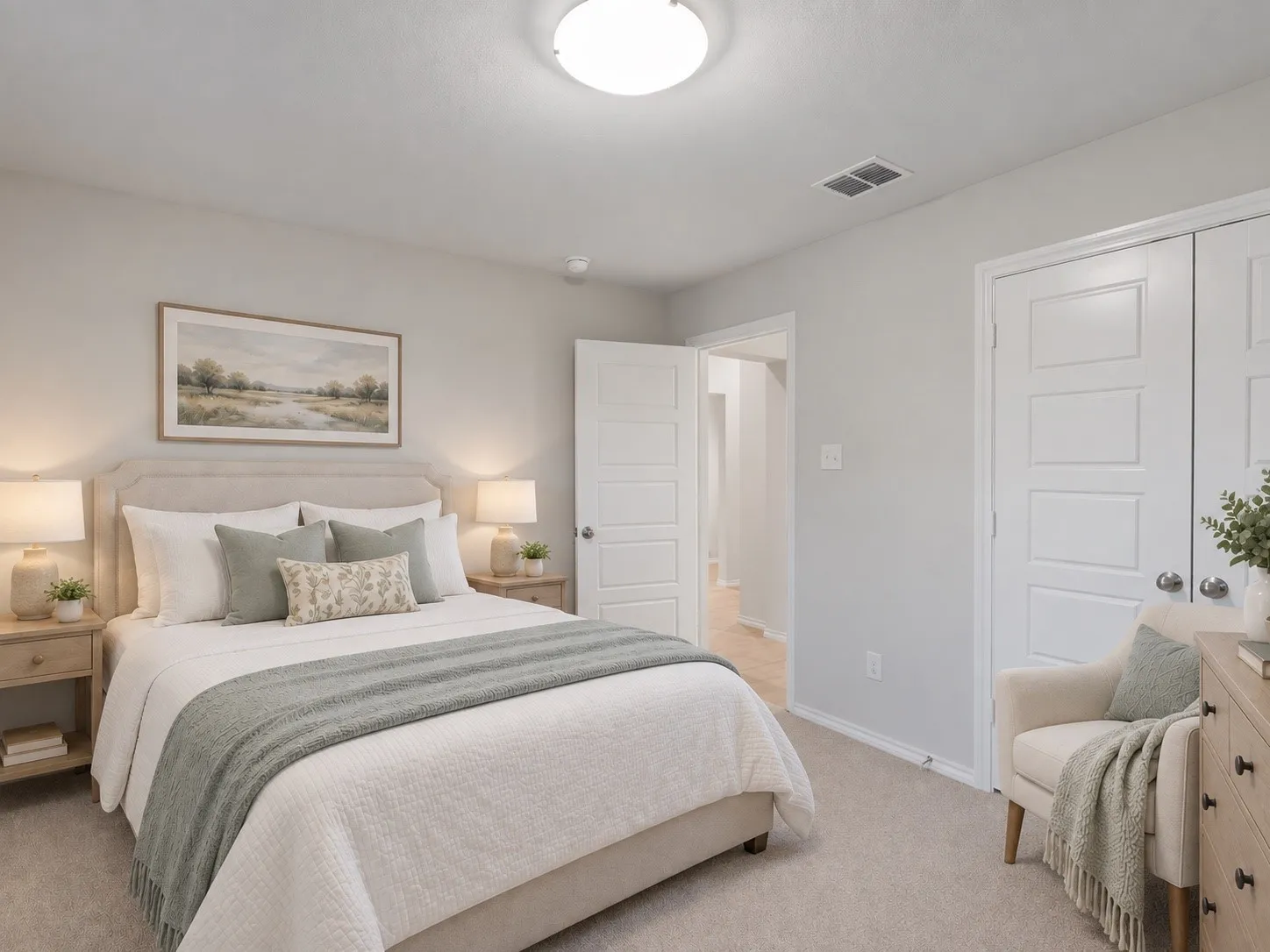 Plush carpeting, recessed ceiling light, and white paneled doors