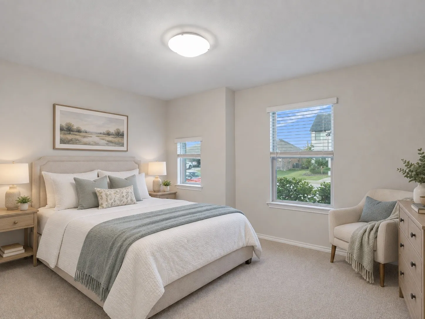 Wall-to-wall carpeting, multiple windows providing natural light, and a ceiling-mounted light fixture
