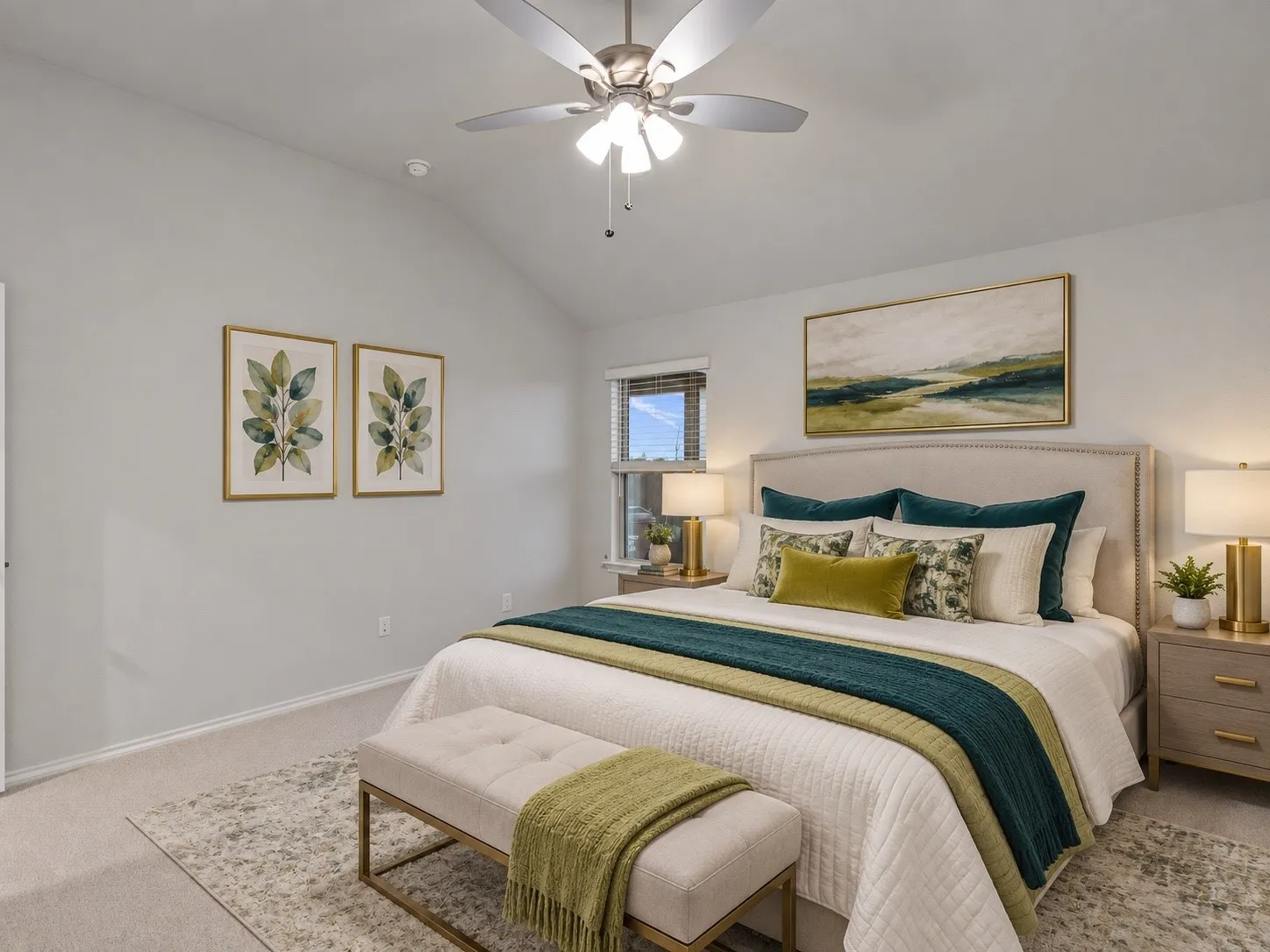 Vaulted ceiling, ceiling fan, window with blinds, and wall-to-wall carpeting