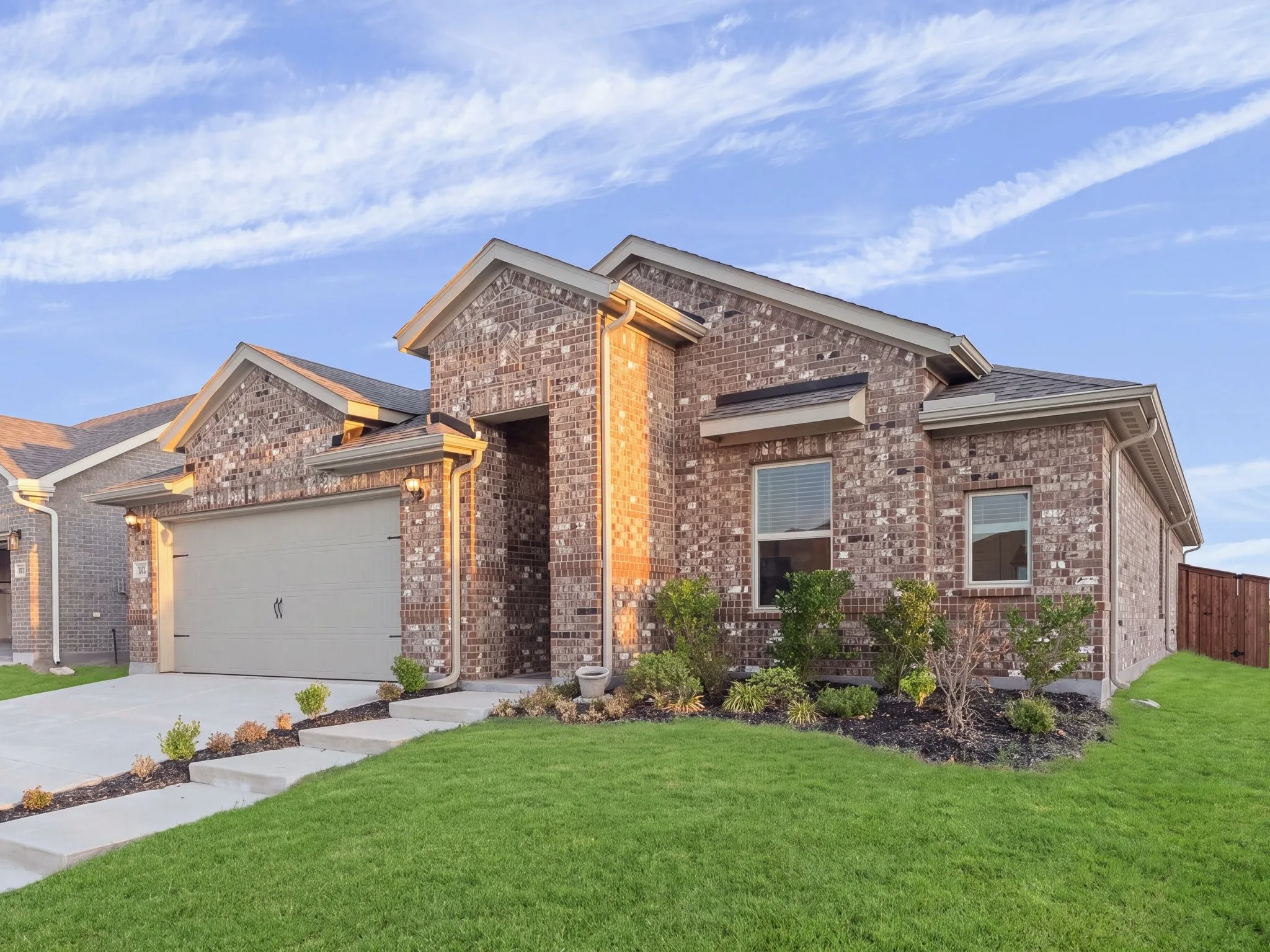 Brick exterior with gabled roof lines