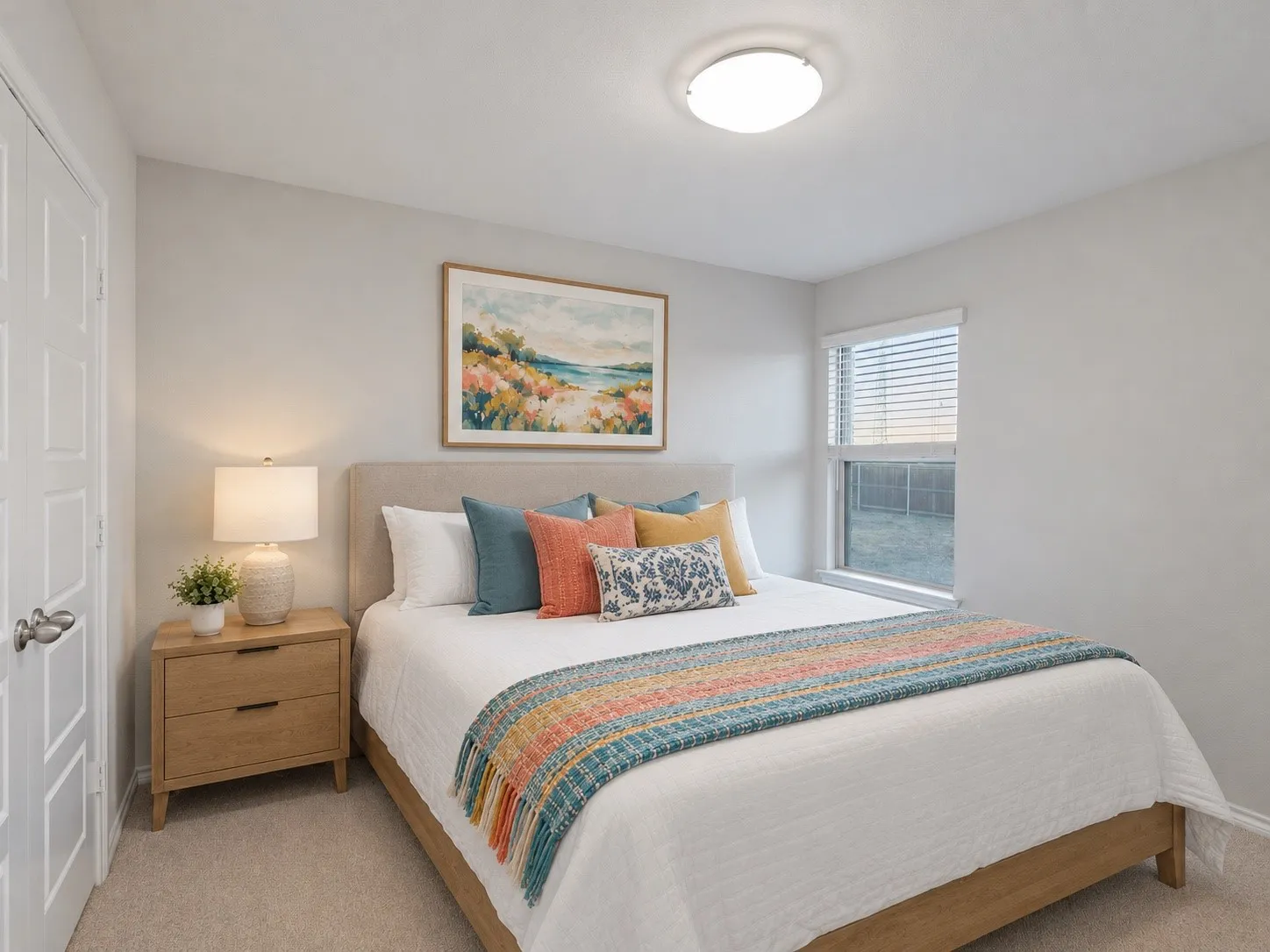 Wall-to-wall carpeting, window with blinds, overhead flush mount lighting, and a paneled interior door