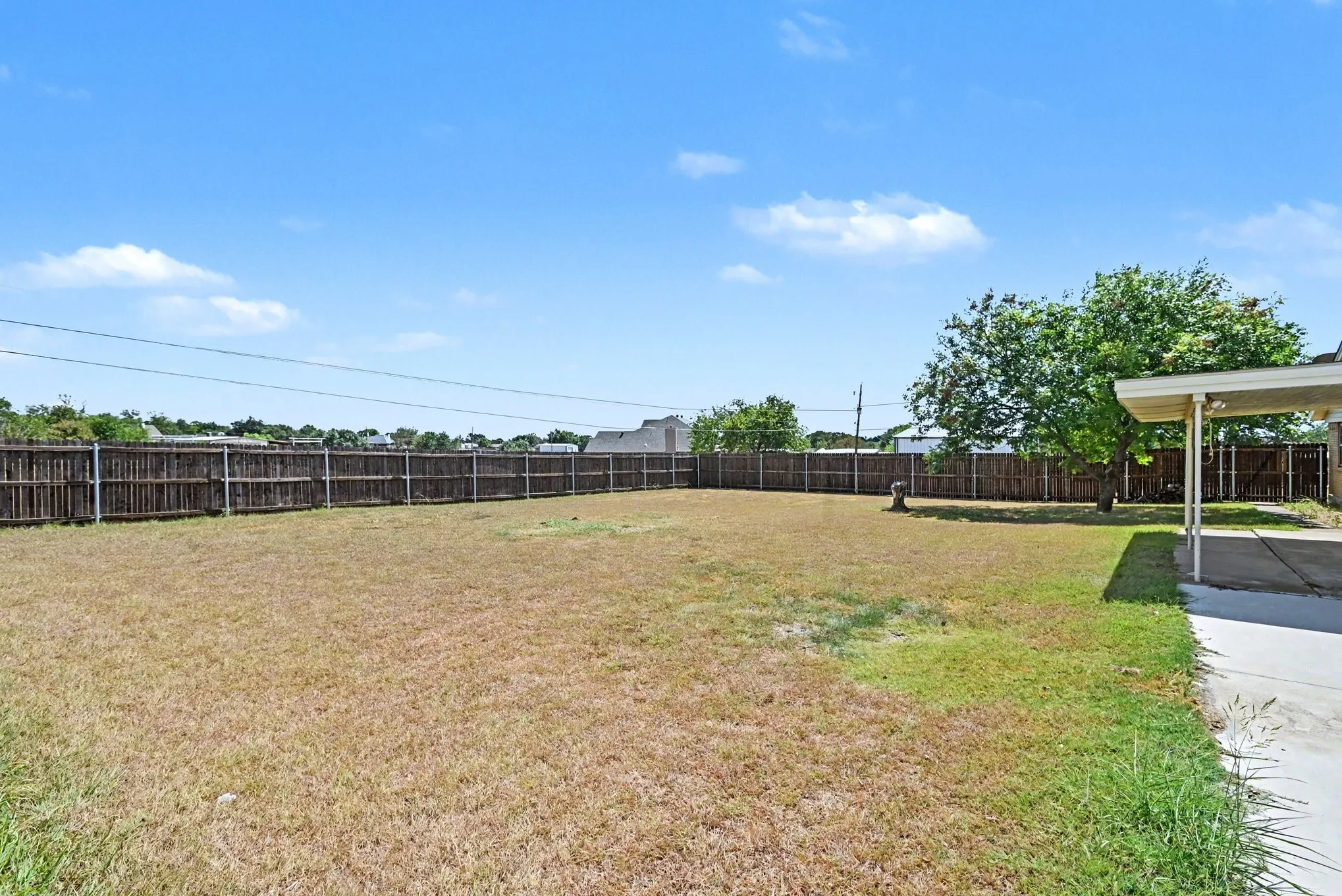 Expansive backyard featuring a full privacy fence, mature trees, and a covered patio area