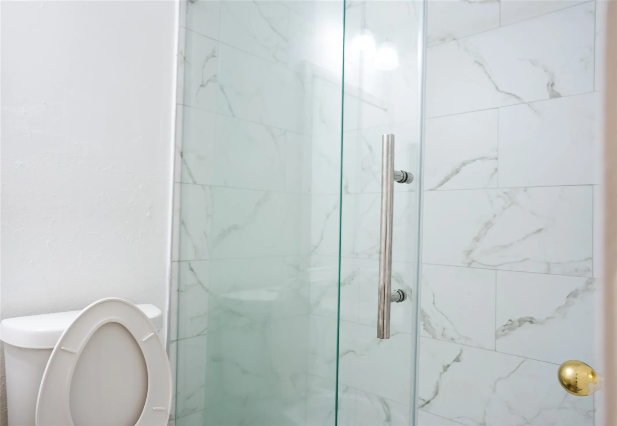 Glass-enclosed shower with a brushed metal handle, white marble-style tile surround, and a white porcelain toilet