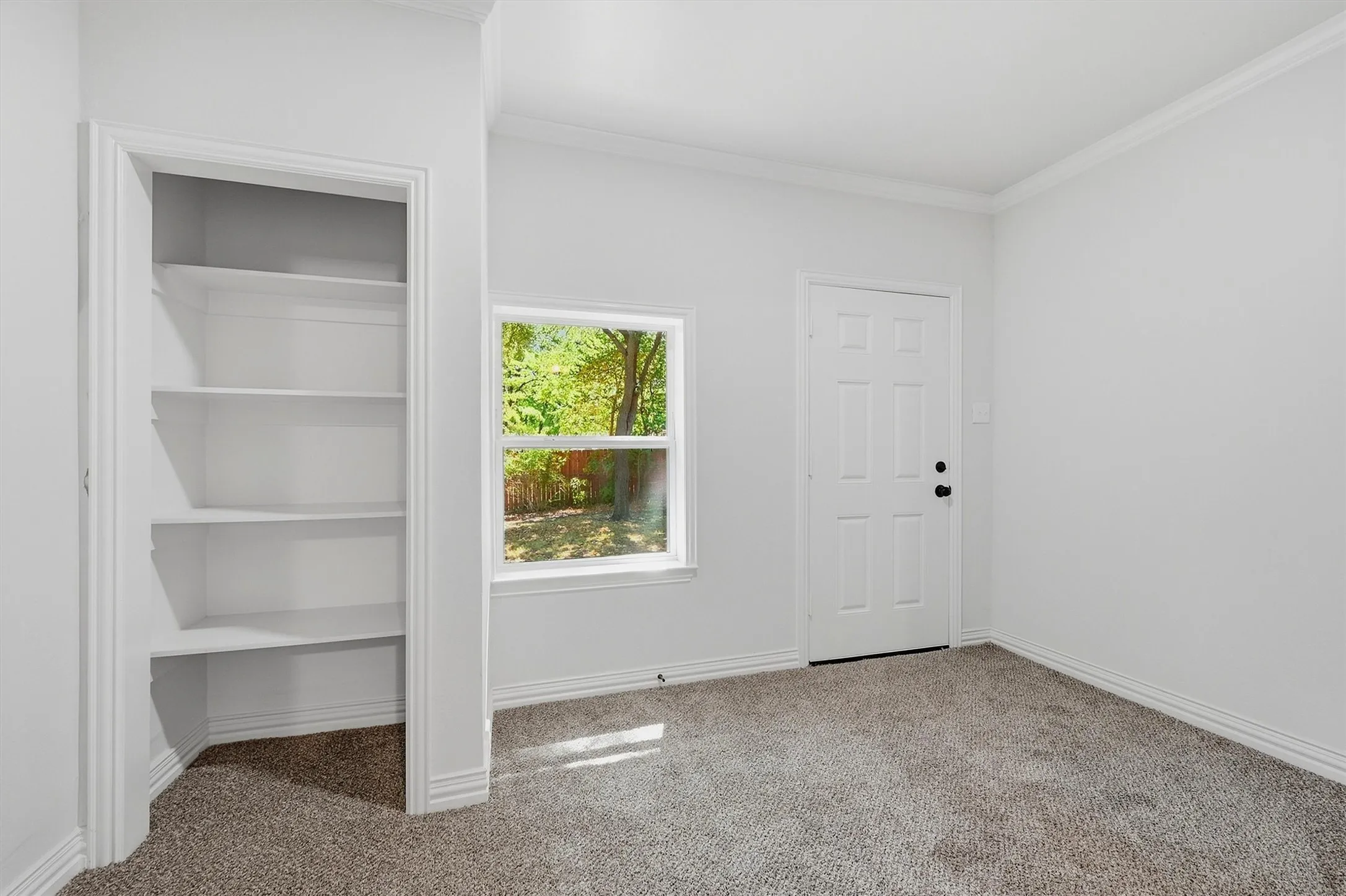 Built-in shelving, paneled door, crown molding, window with outdoor scenery, and carpet flooring