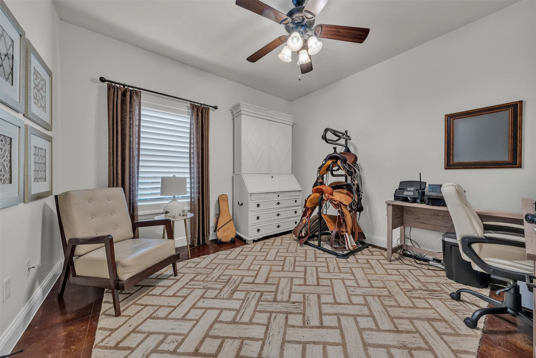 Recessed lighting, wood-finish flooring, and a ceiling fan with light fixture