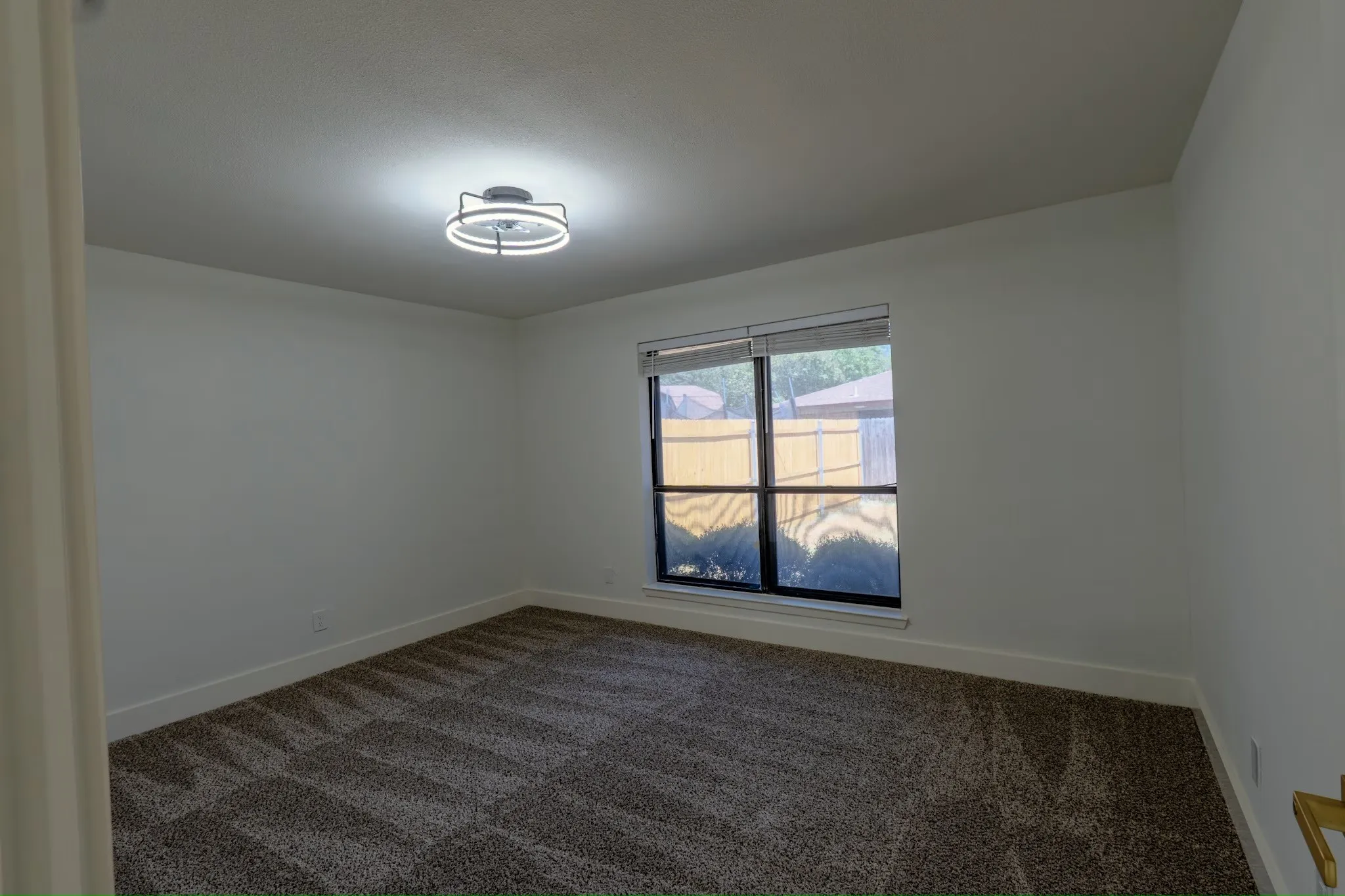 Neutral wall tones with a window, textured carpeting, and a modern ceiling light fixture