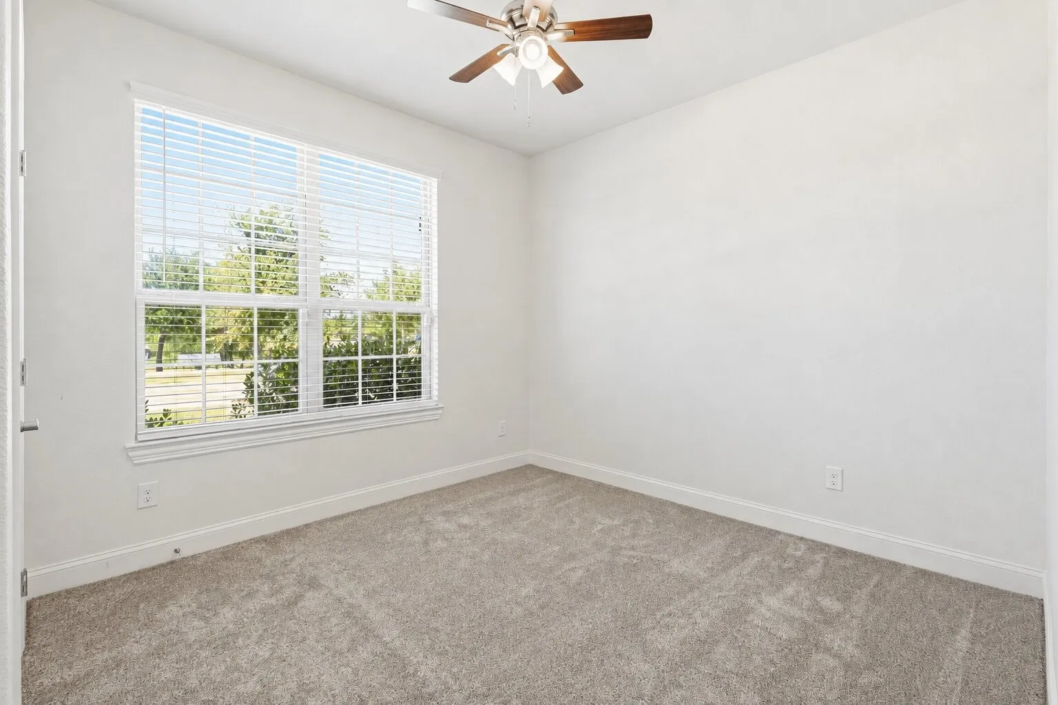 Expansive window with blinds, carpeted flooring, and a ceiling fan with light fixture