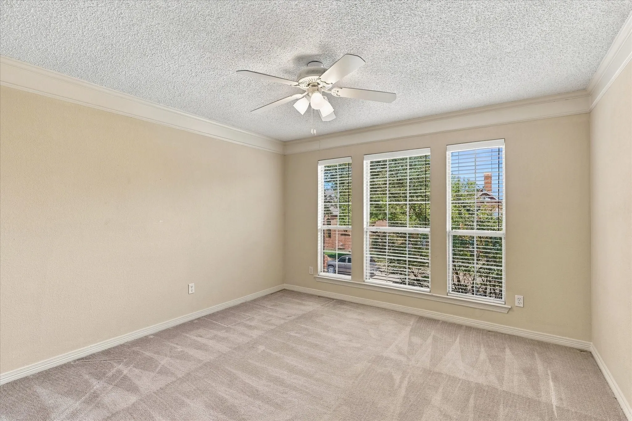 Plush carpet flooring, triple windows with blinds, crown molding, and a ceiling fan with integrated lighting