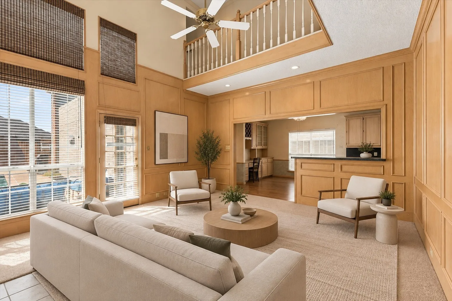 Two-story living area featuring extensive wood paneling, a second-story balcony with balustrade, a ceiling fan, and large windows with blinds