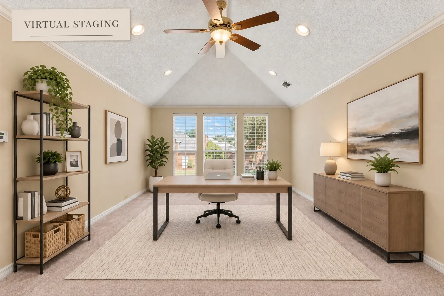 Vaulted ceiling with recessed lighting and ceiling fan