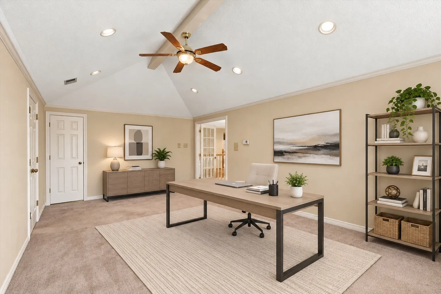 Vaulted ceiling with exposed beam, recessed lighting, ceiling fan, carpeted flooring, and French doors