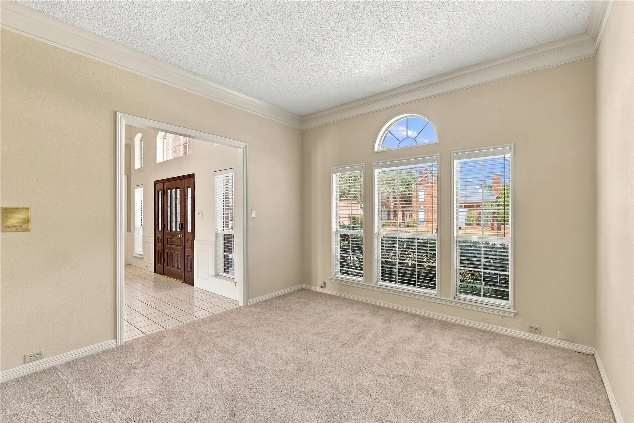 Carpeted room with crown molding and an arched window