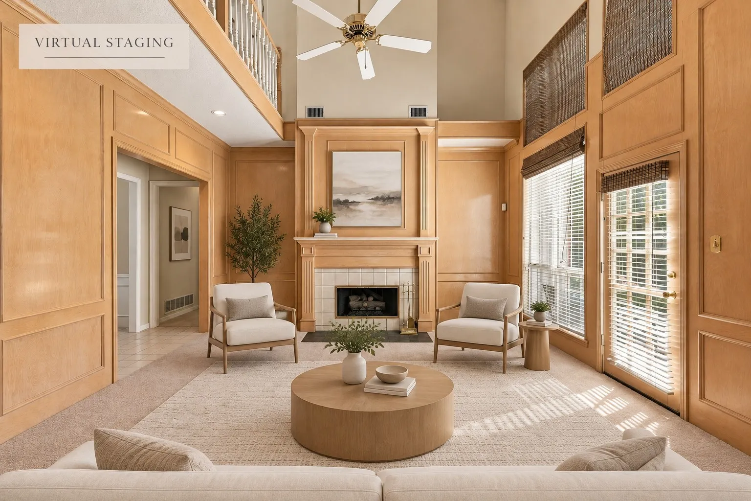 Vaulted ceiling with a ceiling fan, fireplace with a tile surround and wood mantel, wood paneling throughout, and multiple large windows