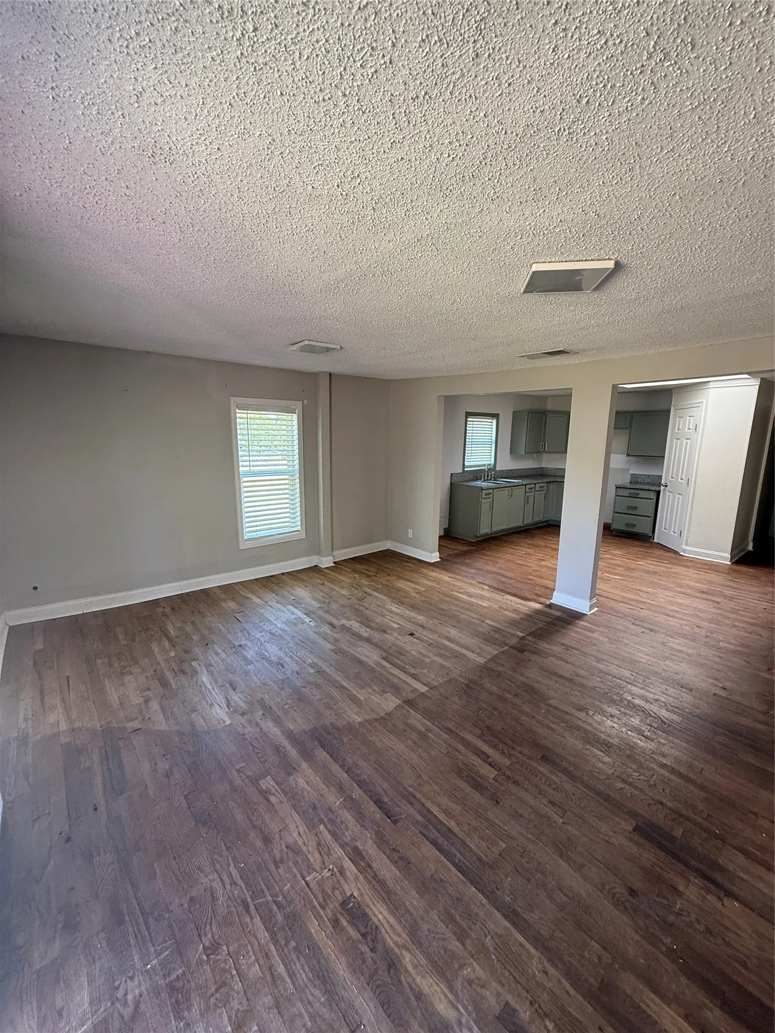 Wood-finish flooring throughout, light gray wall paint, and a kitchen with gray cabinetry