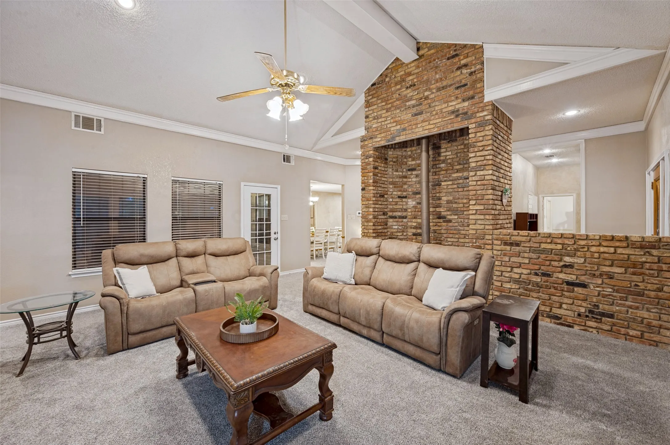 vaulted ceilings with freestanding wood stove