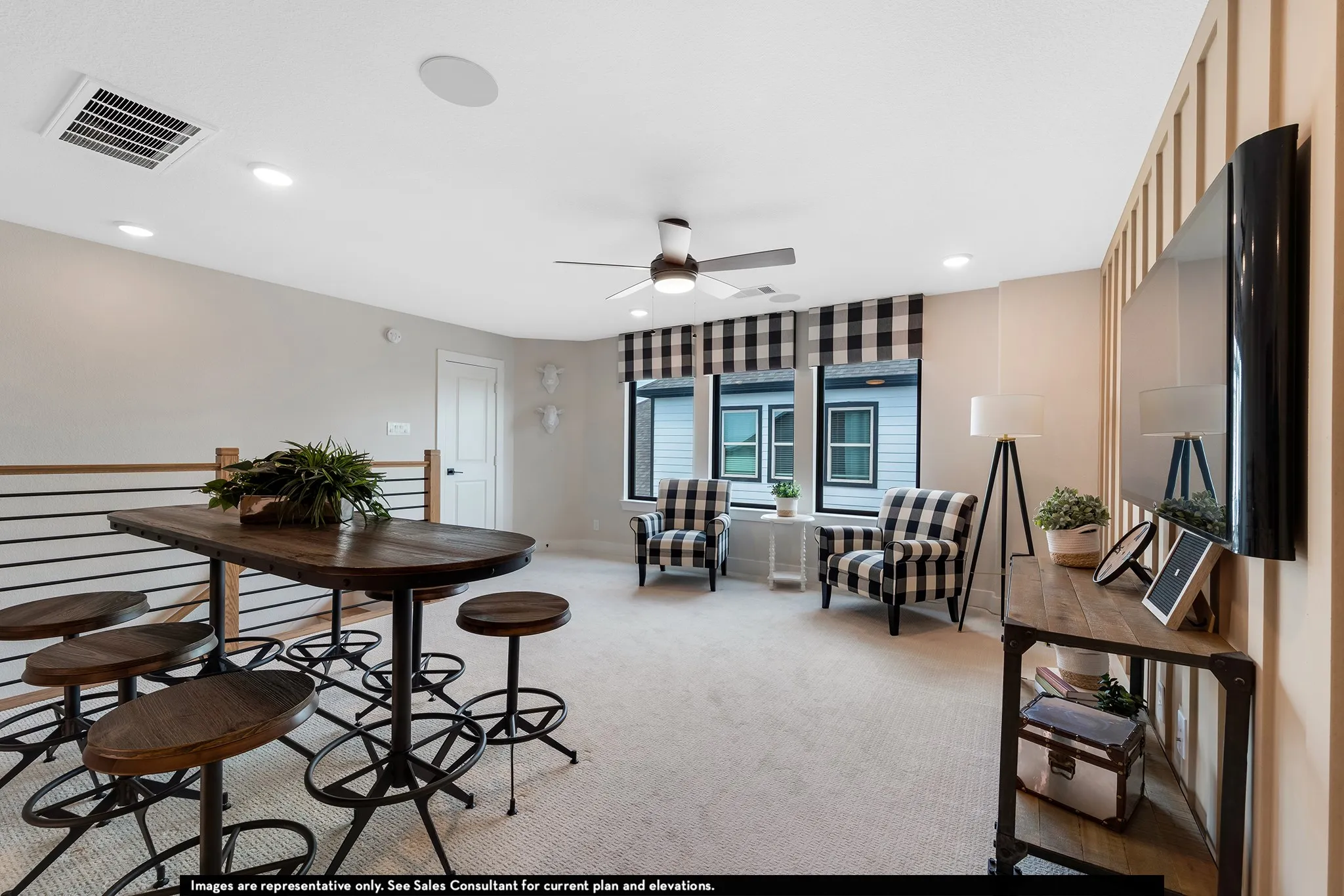 High ceilings with recessed lighting, ceiling fan, and built-in speakers