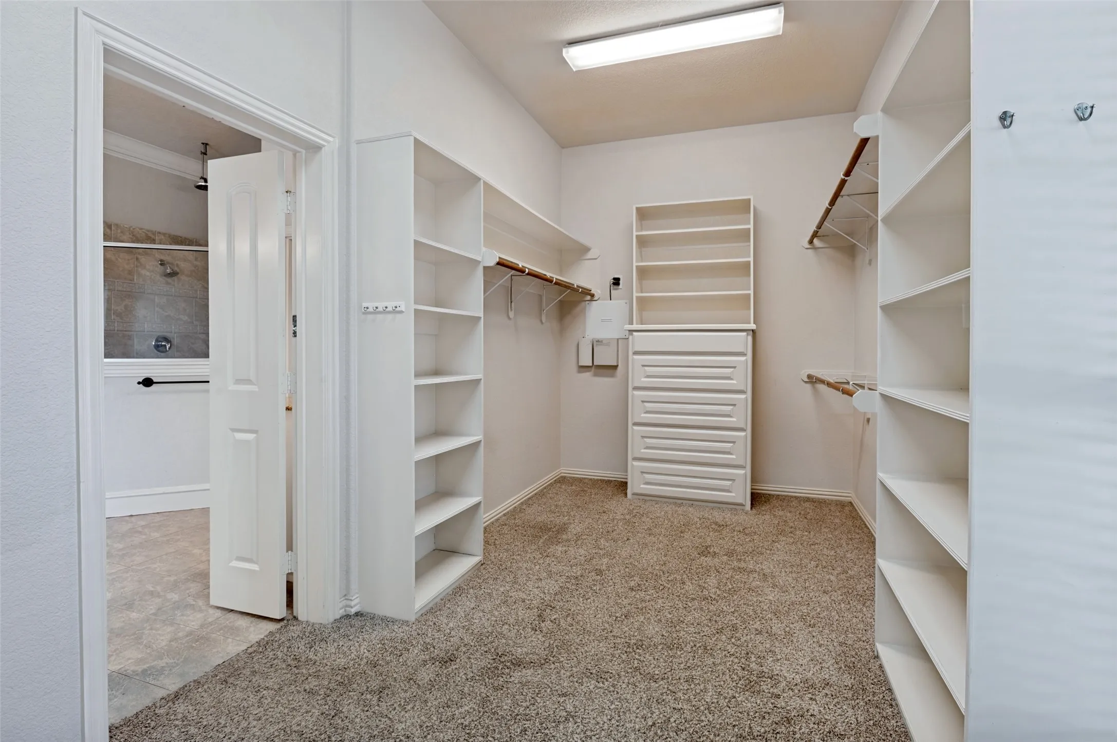 Walk-in closet featuring carpet flooring, built-in shelving, hanging rods, and a dresser with integrated shelving