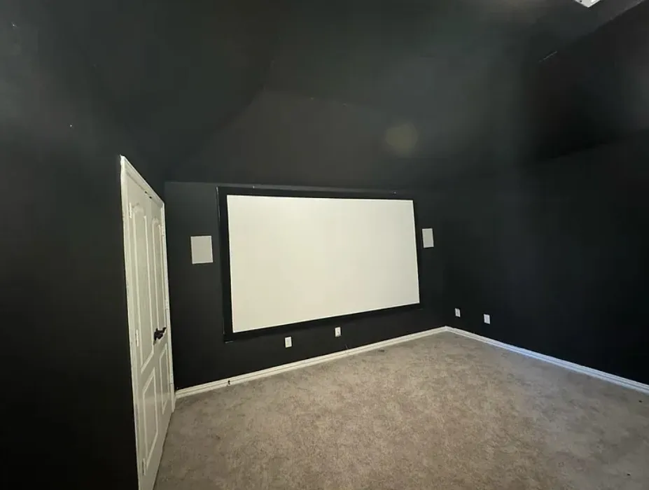 Carpeted cinema room with vaulted ceiling
