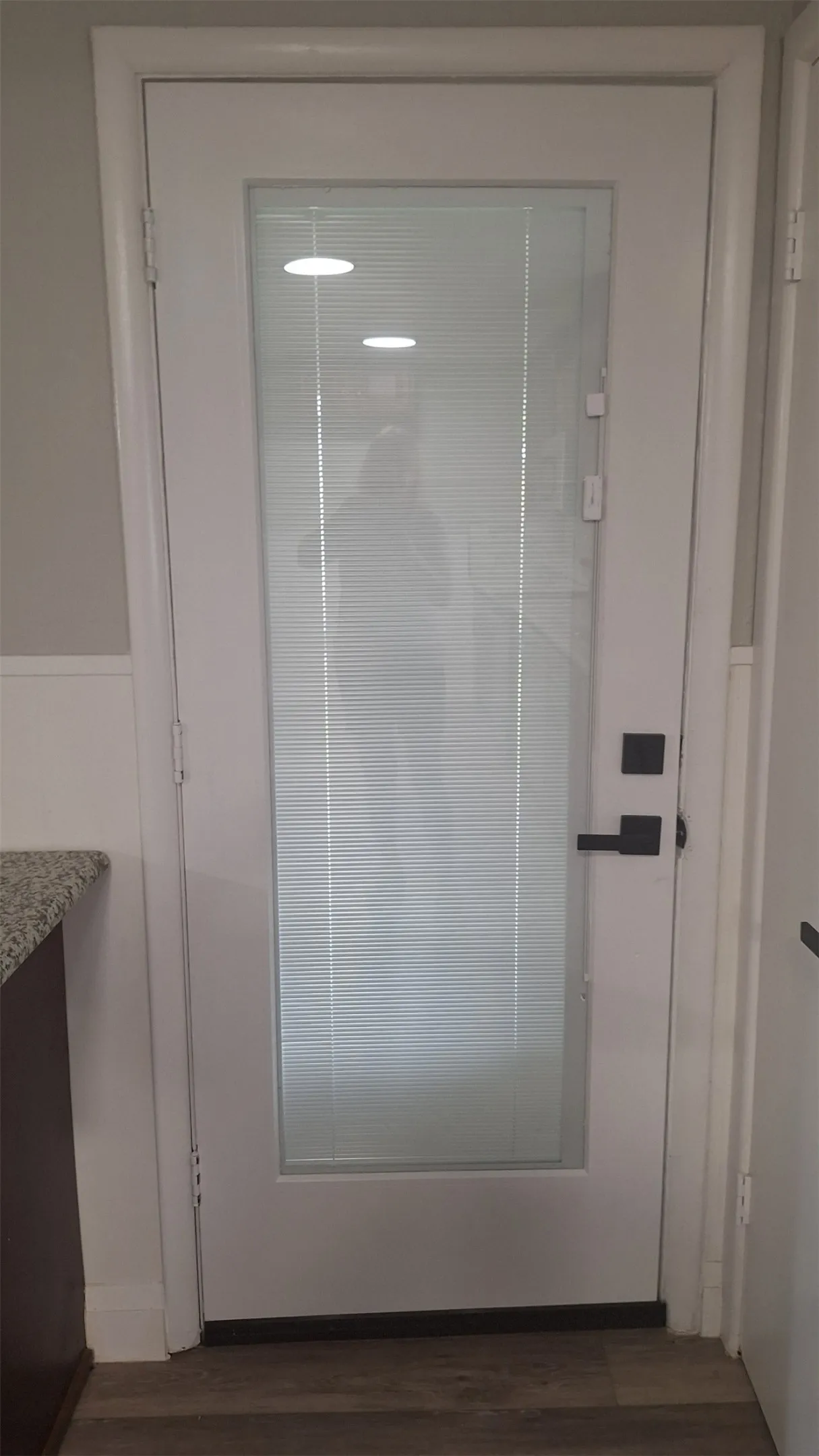 kitchen  metal backdoor with blind inserts to covered rear with storm door currently in garage