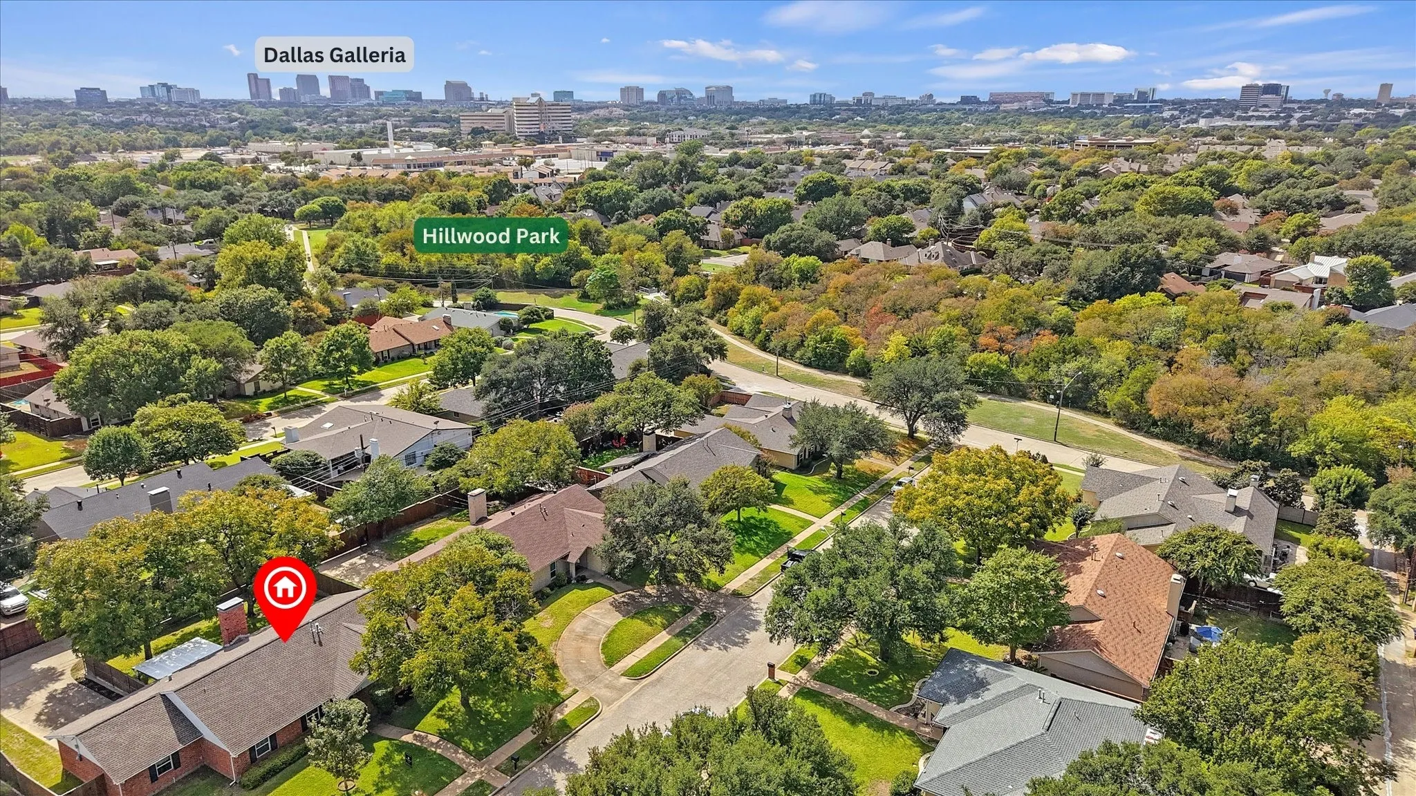 Aerial perspective featuring mature canopy trees, nearby walking trail and just a short drive to Dallas Galleria.