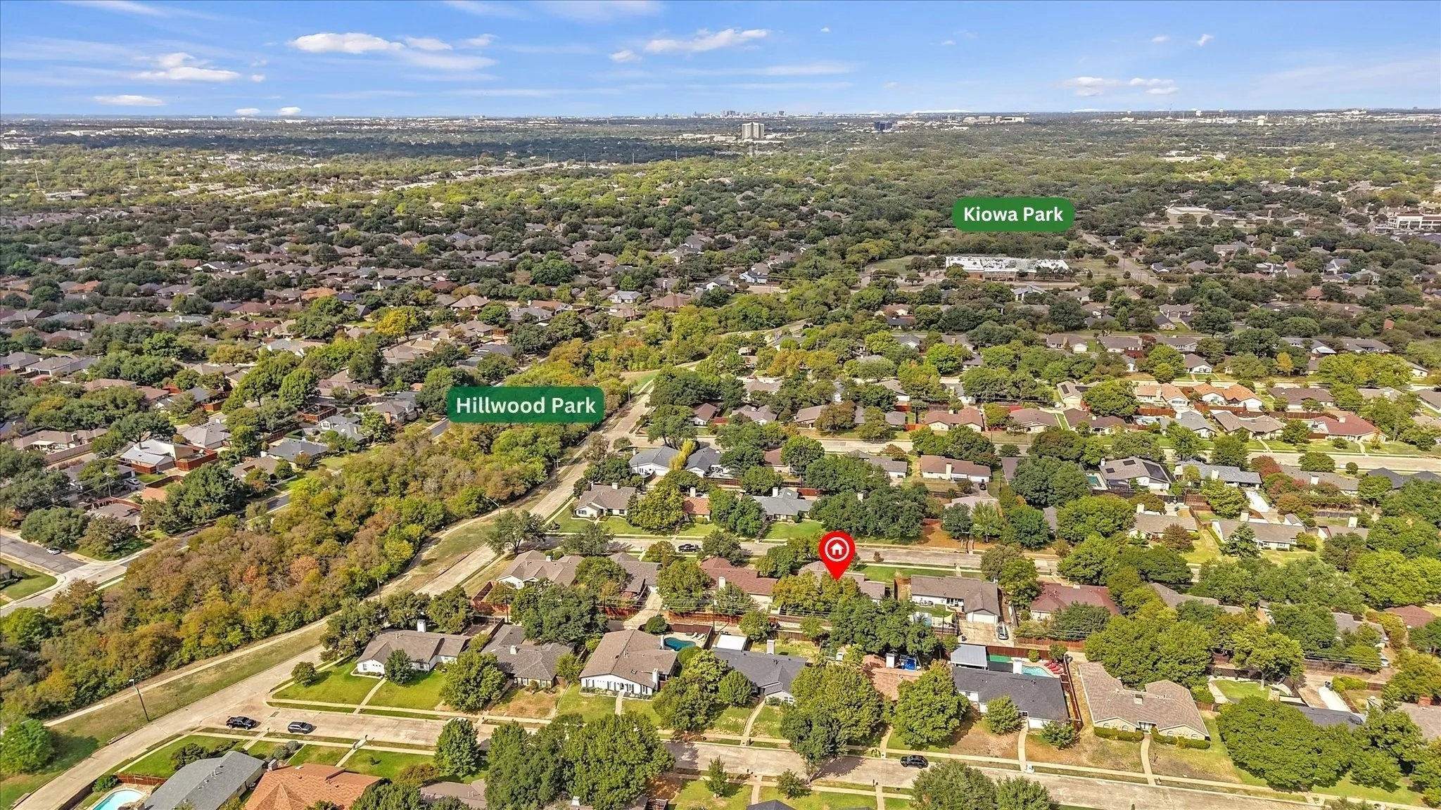 Aerial perspective of residential property featuring proximity to Hillwood Park and Kiowa Park, mature tree canopy, and established neighborhood landscaping