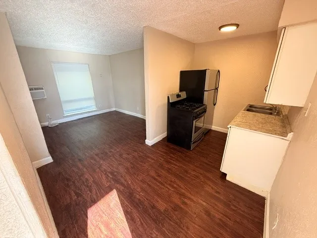 Wood-finish flooring throughout, kitchen with white cabinetry, stainless steel sink, and light-toned countertop