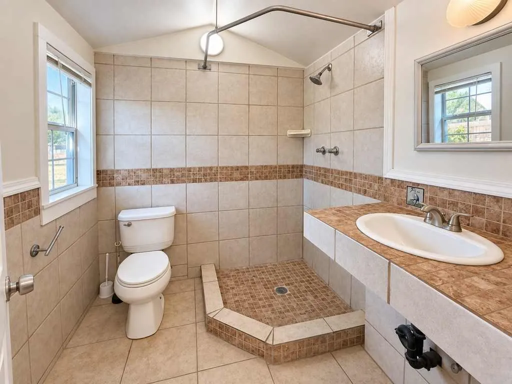 Walk-in tiled shower, tiled vanity and natural light from the bathroom window.