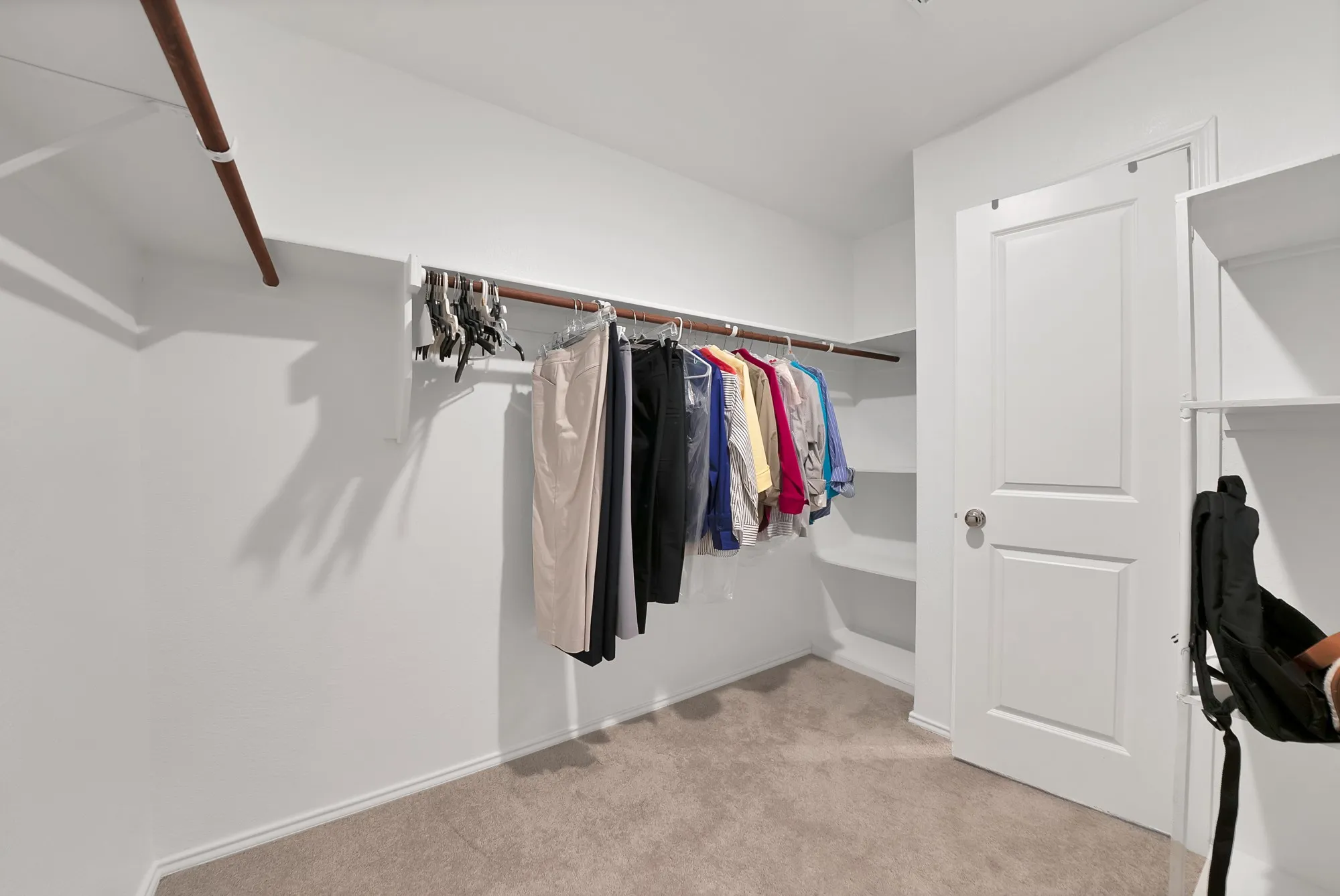 Walk-in closet with carpeted flooring, built-in shelving, and multiple hanging rods