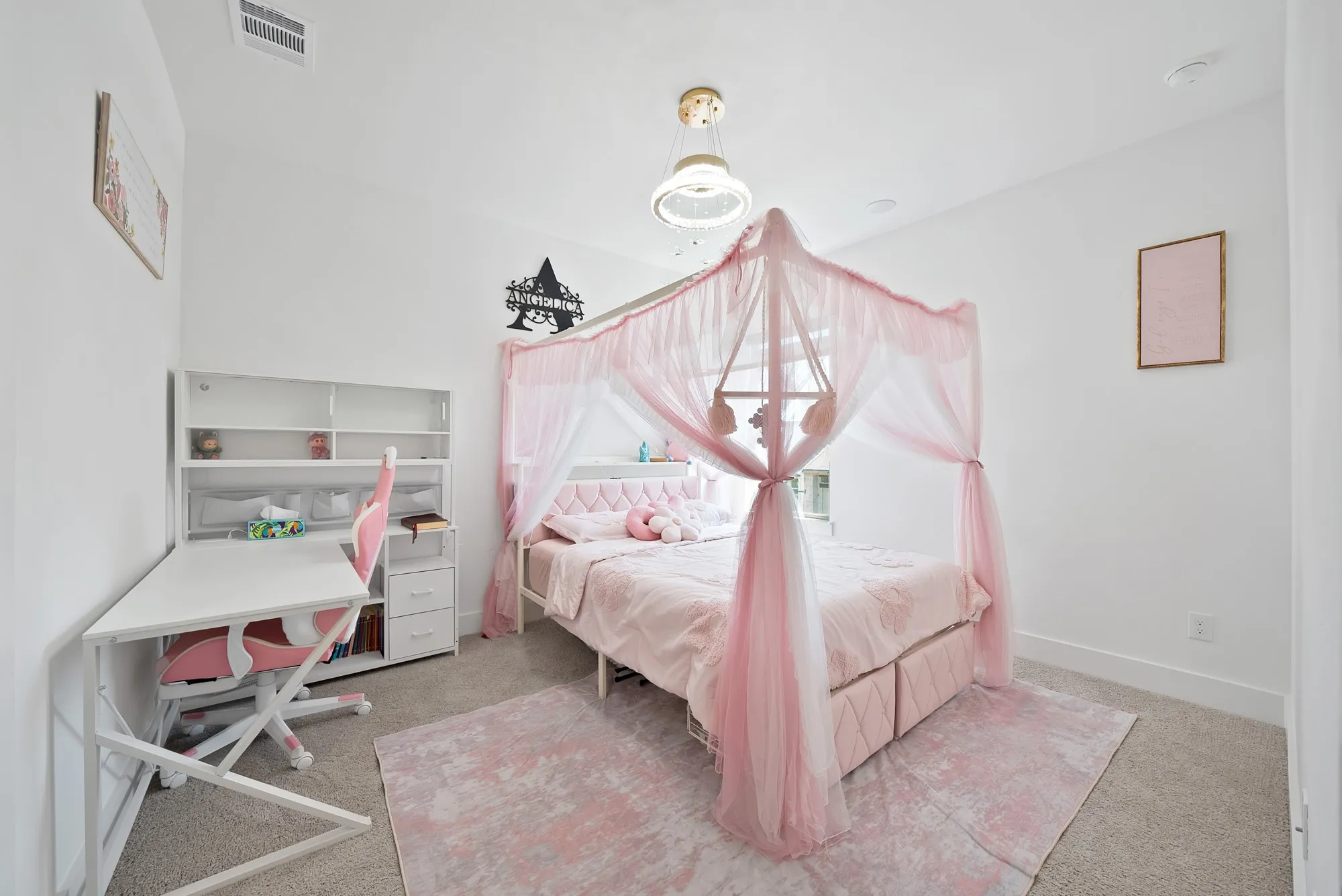 Vaulted ceiling, recessed lighting, and wall-to-wall carpeting