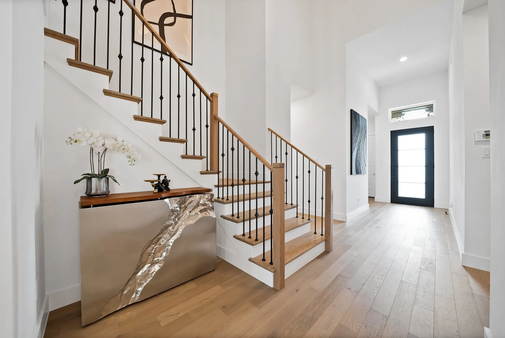 Wood-finish flooring throughout, contrasting black iron balusters, natural wood handrail, and a modern entryway door with transom window