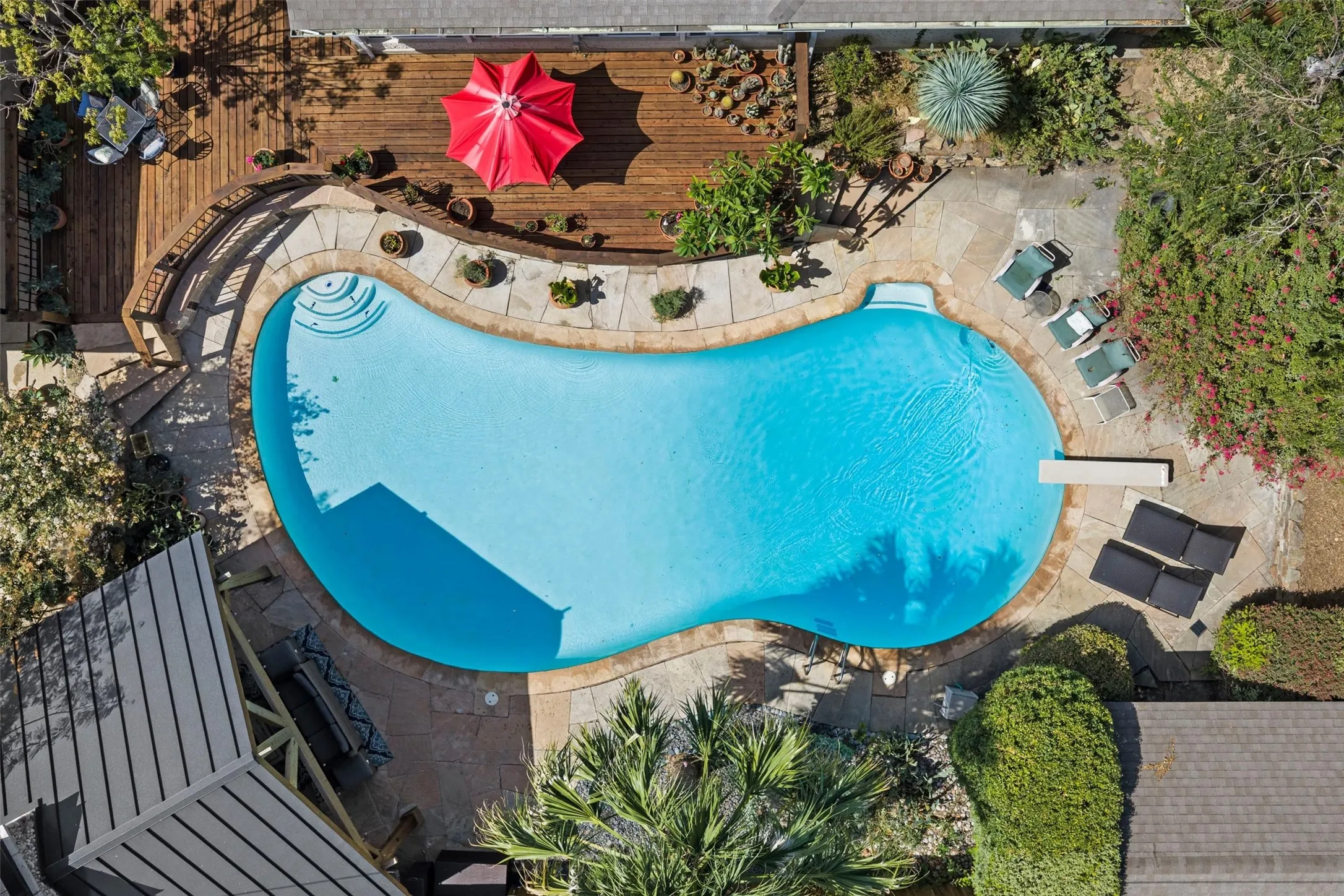 Curved swimming pool with integrated steps, surrounding stone patio, wood deck, and mature landscaping