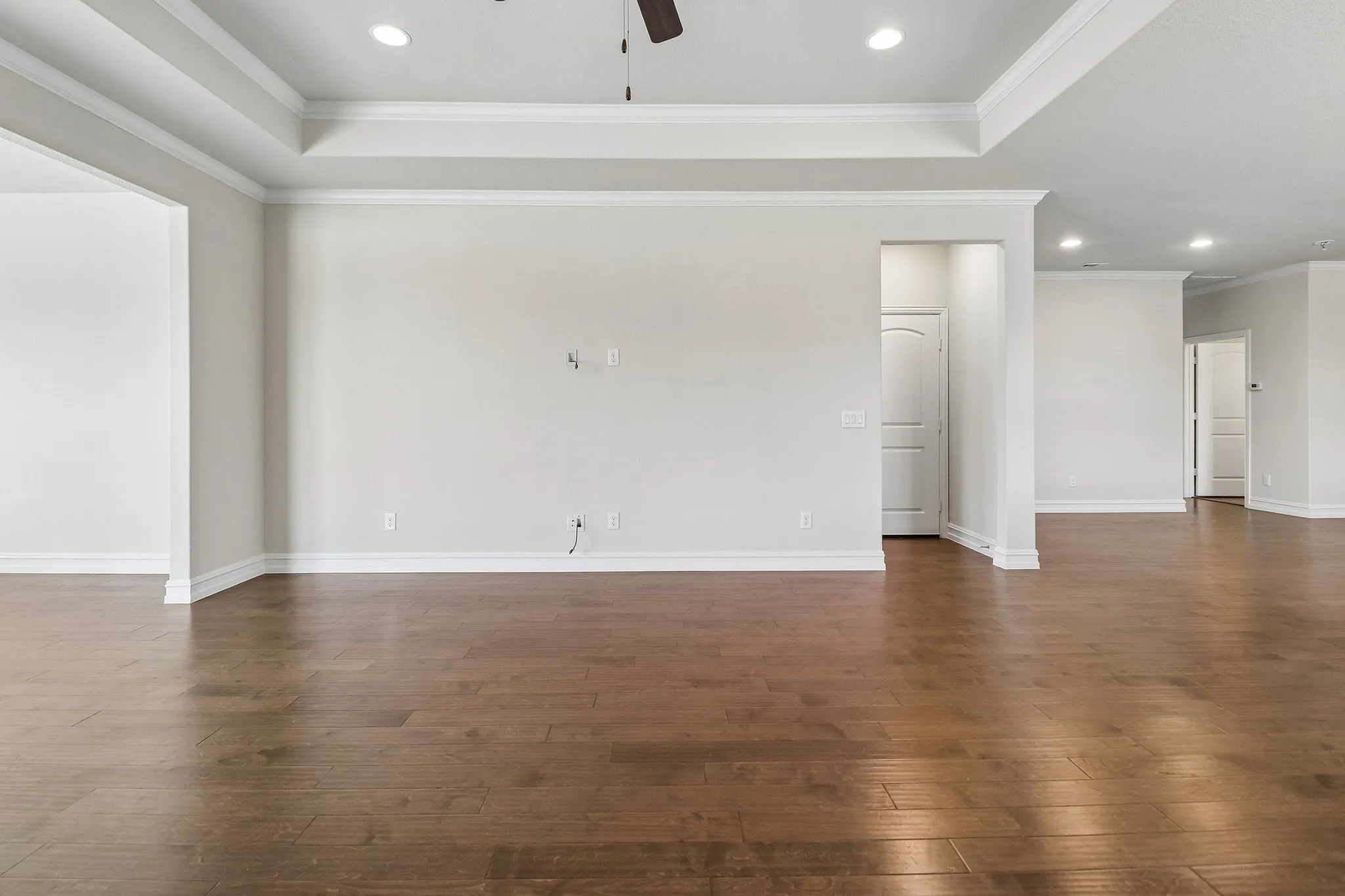 Tray ceiling with crown molding, recessed lighting, wood-finish flooring, and crisp white trim