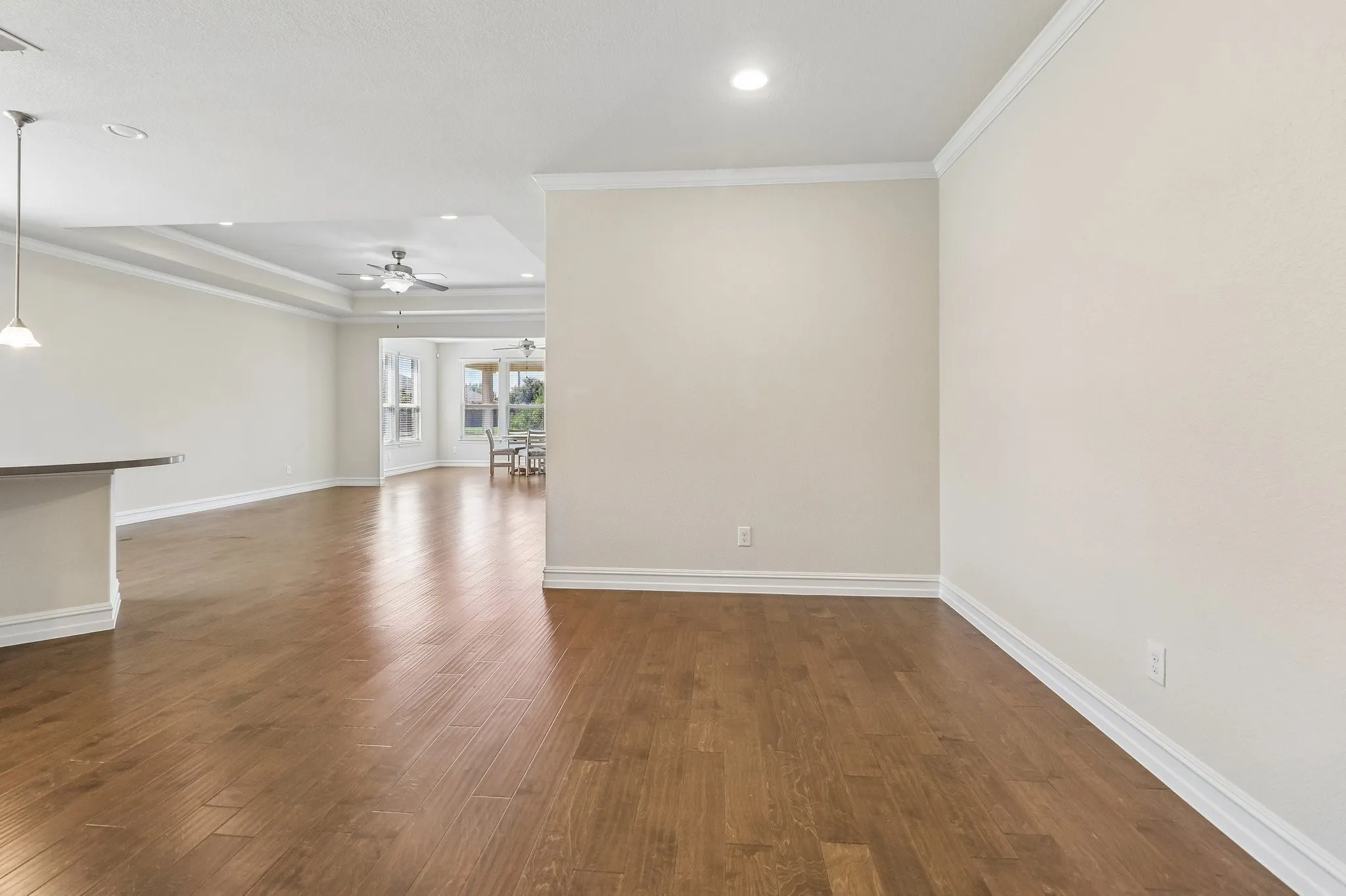 Wood-finish flooring throughout, tray ceiling with recessed lighting, pendant lighting, crown molding, and a ceiling fan